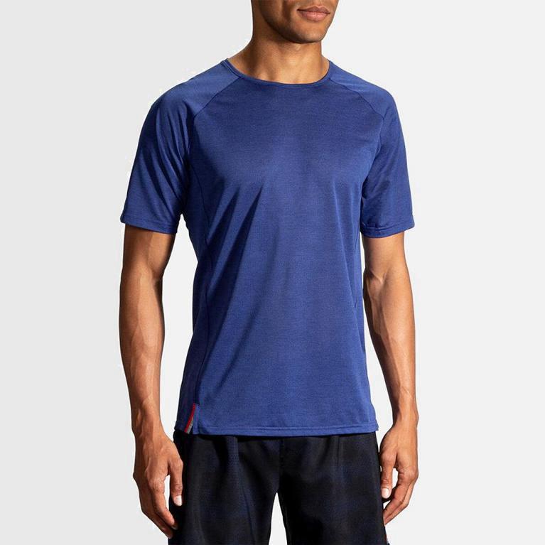 Brooks Ghost Men's Short Sleeve Running Shirt UK Discount - Blue (NJOGW1907)